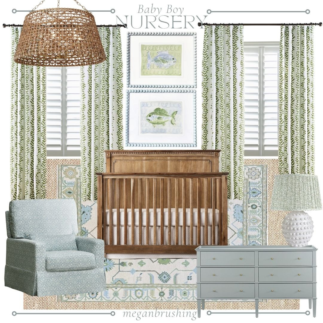 Baby boy nursery dreams 🤍🐟🌿

I designed this sweet space inspired by the soft, coastal charm of Evelyn Henson’s fish prints—keeping everything light, airy, and timeless with layers of texture and soothing greens.

The mix of a warm wood crib, woven chandelier, and soft blue-green textiles creates that cozy-but-polished feel I always love for nurseries. Paired with tailored drapery, a vintage-inspired rug, and a comfy glider for those late-night snuggles… it’s equal parts beautiful and functional.

Shop the look below to recreate this serene little space 👇

• Wood crib: classic + warm anchor piece
• Woven pendant: adds texture and a relaxed coastal vibe
• Printed drapery: brings in pattern without overwhelming
• Evelyn Henson fish prints: the sweetest focal point 🐟
• Soft blue dresser: perfect for storage + style
• Cozy glider: must-have for feeding + rocking
• Neutral patterned rug: ties everything together

LTK tip: Stick to a tight color palette (greens, soft blues, warm wood, and whites) to keep the room feeling calm and cohesive.

#ltkhome #nurserydesign #boynursery #coastalnursery #nurseryinspo #ltkstyle
 

 

#LTKmomlife #LTKHome #LTKBaby