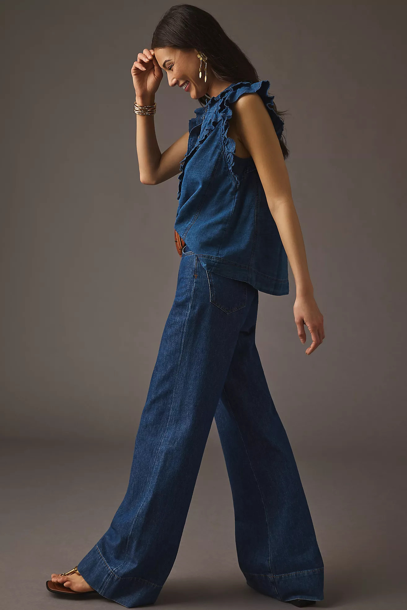 Pilcro Ruffled Chambray Henley Blouse | Anthropologie (US)