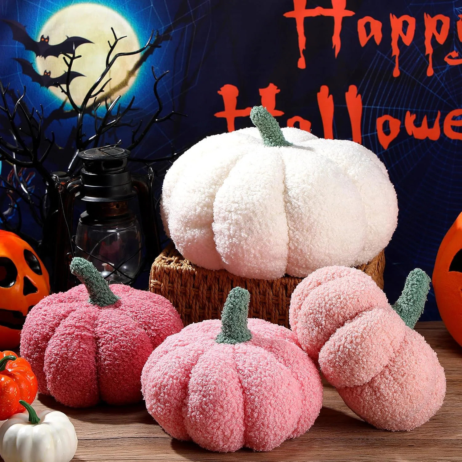 Set of 4 3D Pumpkin Plush Throw Pillows - 11" & 7" White/Pink Series, Fluffy Stuffed Cushions for... | Wayfair North America
