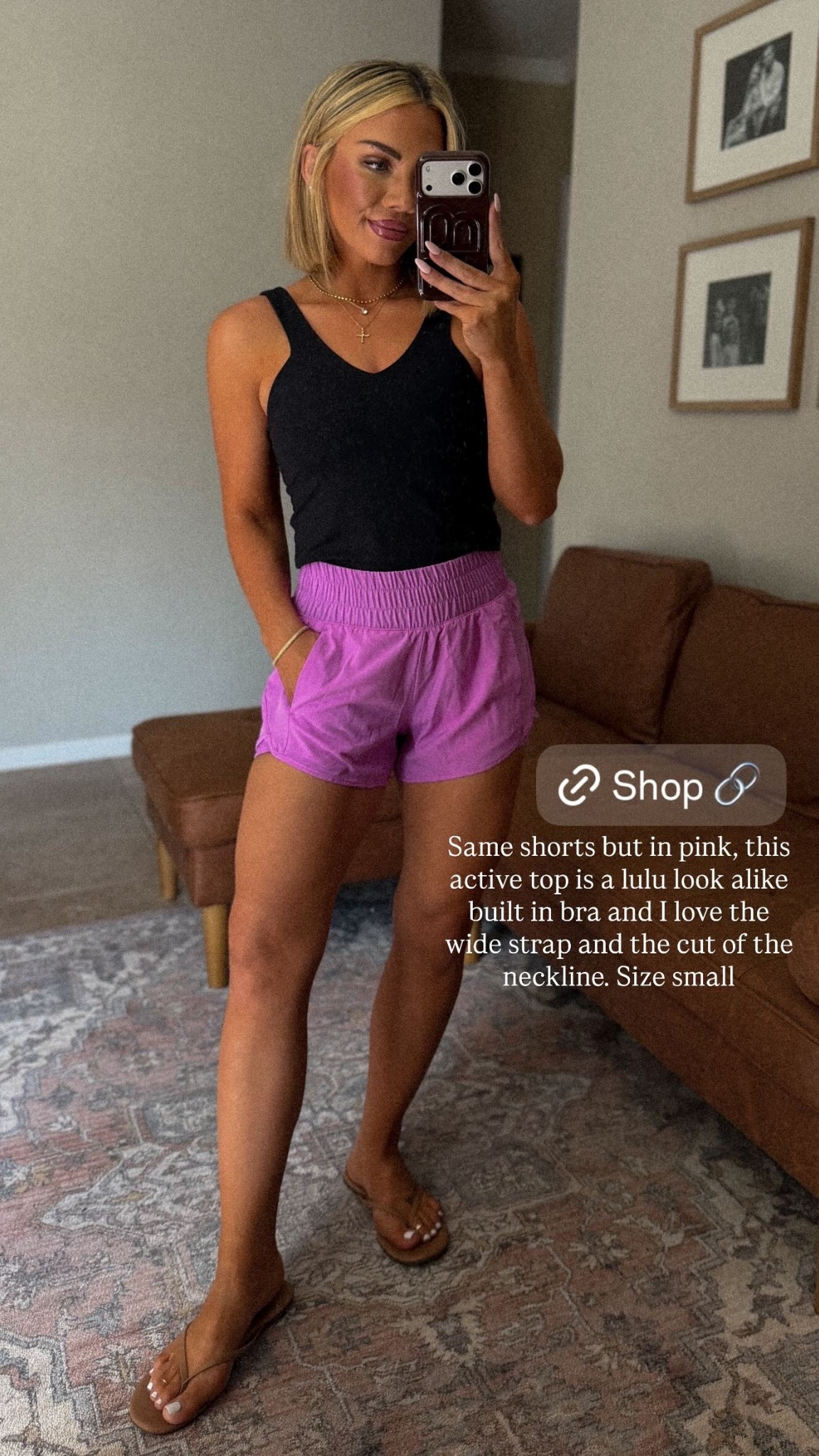 Same shorts but in pink, this active top is a lulu look alike built in bra and I love the wide strap and the cut of the neckline. Size small