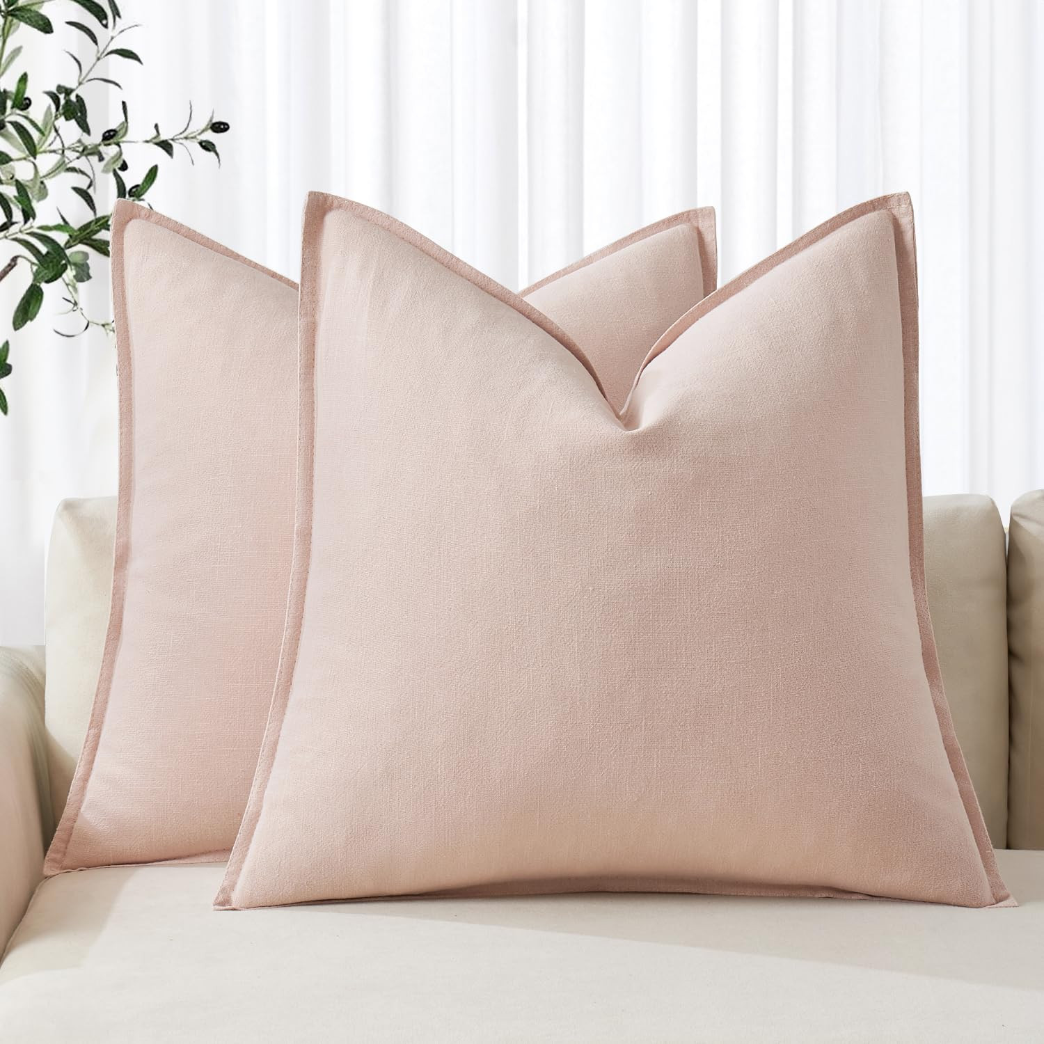 MIULEE Decorative Linen Pillow Covers 18x18 Inch Light Pink ​Boho Farmhouse​ ​Neutral Couch... | Amazon (US)