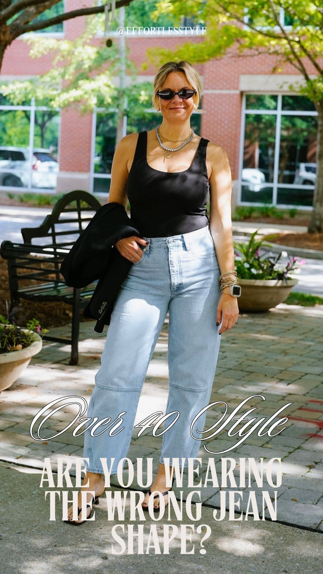 OOTD ✨ Black blazer draped over the shoulders + black bodysuit + light wash barrel jeans + thong kitten heel sandals. All from my own closet — linked the closest versions I could find. Everything shoppable below! 👇

#LTKdayinmylife #LTKootd #LTKOver40