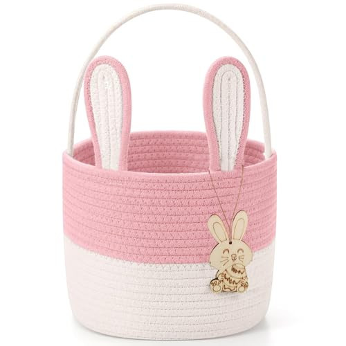 Poschnor Easter Basket for Kids, Easter Bunny Basket, Woven Cotton Rope Egg Easter Gift Baskets for Girls, Boys, Toddler, Babies, Pink | Amazon (US)