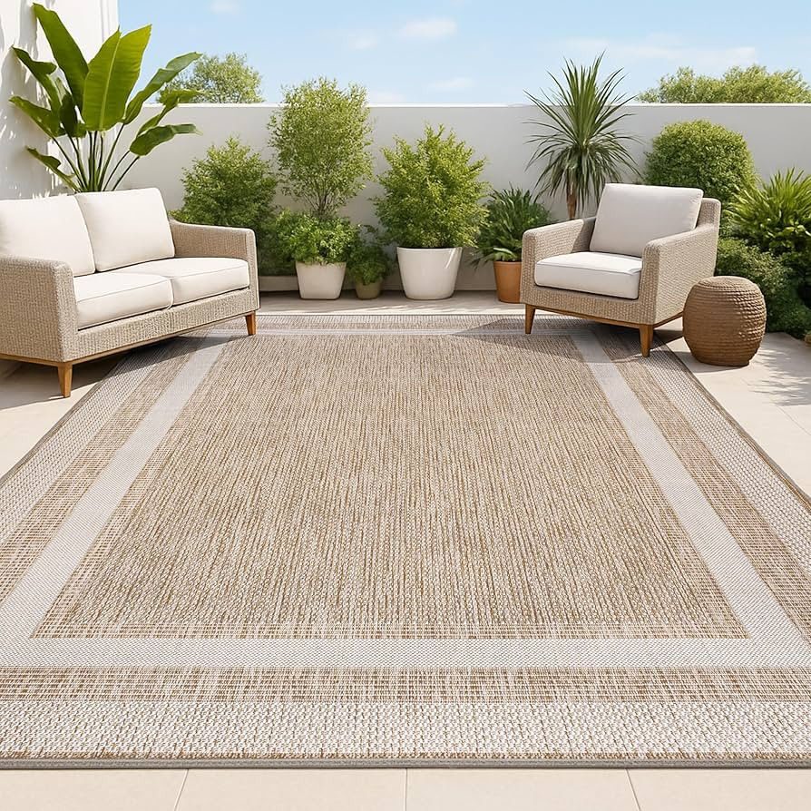 JONATHAN Y 3-Stripe Border Indoor Outdoor Area Rug 5X8 Beige/Cream, Dover Classic for Backyard, P... | Amazon (US)