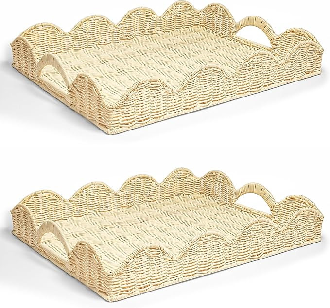 Scalloped Edge Rattan Tray Basket,17"*13" Super Hard Rectangle Hand Woven Wicker Serving Tray wit... | Amazon (US)