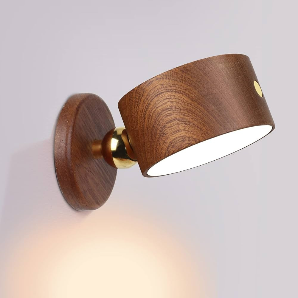 XSUPER Wooden Led Wall Sconces, 360° Rotatable Dimmable Wall Lights, Rechargeable Cordless Wall ... | Amazon (US)