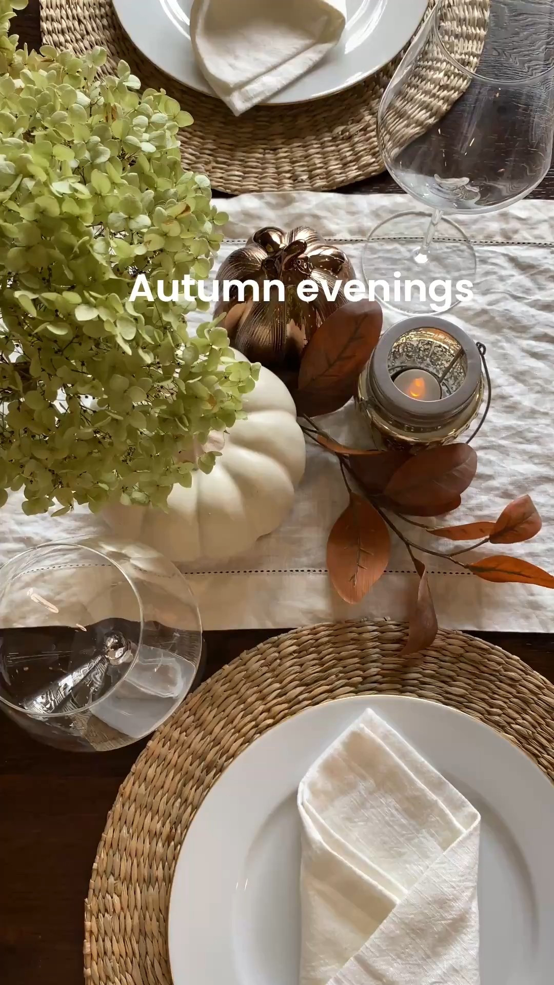 Fall tablescape decor for hosting fall dinner parties or Thanksgiving dinner. The perfect table combo of a runner or tablecloth, soft lights and seasonal accents  #tabledecor #dinnerware #autumntable #thanksgivingtable 

#LTKHome #LTKStyleTip #LTKSeasonal