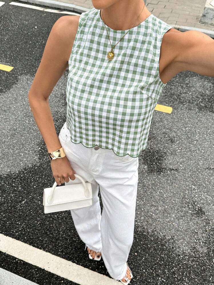 Siren Gaze Women Plaid Backless Tie-Up Sleeveless Casual Shirt, Summer Check Green | SHEIN