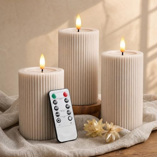 Fluted Ribbed LED Pillar Candles, Cream Beige, with Realistic Reflective Melted-Wax Effect \u2013... | Amazon (US)
