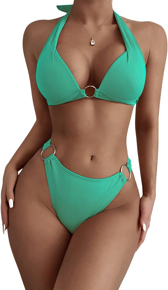 SweatyRocks Women's Ring Linked Halter Push Up Bikini Swimsuit High Stretch Bathing Suit Swimwear... | Amazon (US)