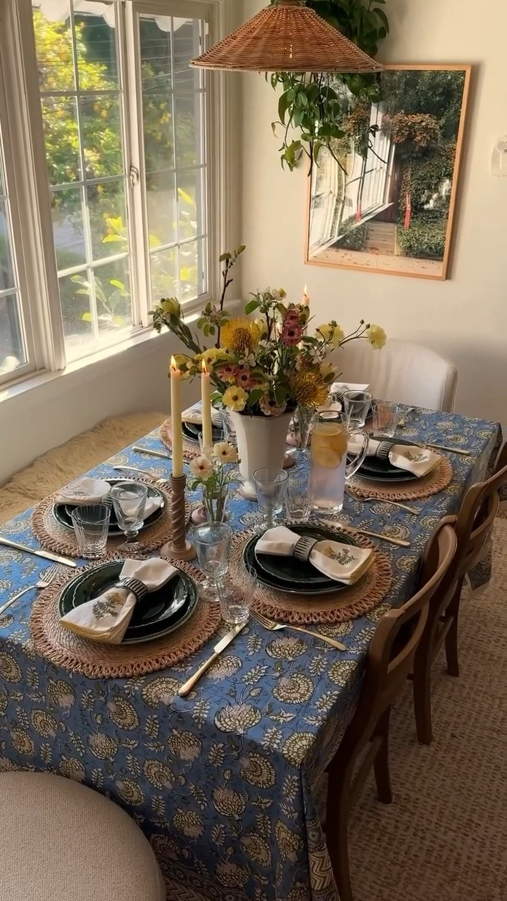 nothing like a sweet springtime brunch 🌿 my mood board this season is filled with shades of blue, green, & yellow 💛 @potterybarn had everything i needed to make this table come to life, from the beautiful block print tablecloth, to the green glazed stoneware plates and darling embroidered napkins 🌼 #PBpartnership 

#LTKHome #LTKSeasonal