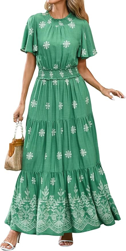 KIRUNDO Maxi Dresses for Women 2025 Floral Short Sleeve Spring Summer Smocked Waist Round Neck Fl... | Amazon (US)