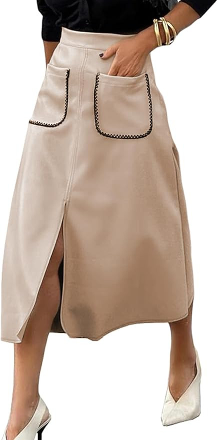 Happy Sailed Women's Faux Suede Midi Skirt Fall Winter Elastic Waist Front Pockets A Line Long Wo... | Amazon (US)