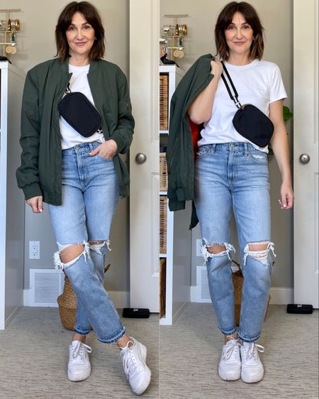 Basic spring outfit:
Wearing my usual size 27 in the jeans (I’m 5’ 7” tall), and men’s M in the bomber jacket.
M in the website tee as well
Sneakers fit tts
Belt bag with striped strap is from Amazon 


#LTKSeasonal #LTKshoecrush #LTKstyletip