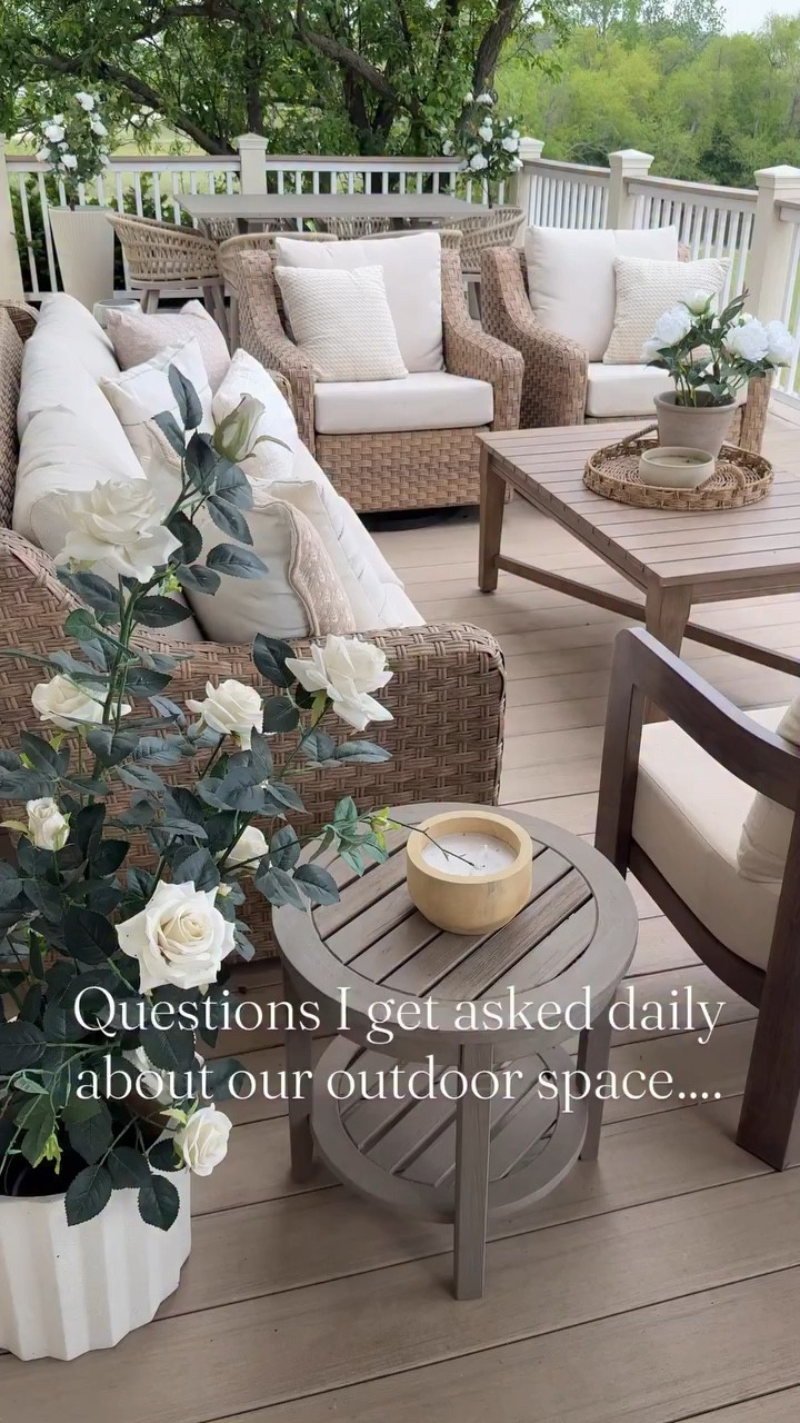 Answering questions about our outdoor space!! Highly recommend all of this outdoor furniture, has held up amazing over the last two years through all sorts of weather!

Outdoor furniture, patio furniture, outdoor chair, outdoor seating set, outdoor end table, outdoor decor, faux flower, outdoor dining set

#LTKSaleAlert #LTKHome