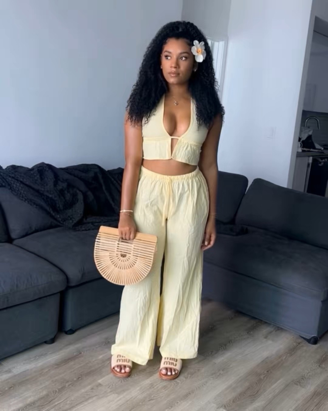 This is your sign to dress like you’re already on vacation 🌴
I’m wearing a yellow linen two-piece set with a halter-style top and drawstring pants — breathable, comfy, and so flattering in the heat. Paired with Miu Miu slide sandals, a bamboo top-handle bag, and a tropical flower clip for the full island feel.
Perfect for trips, brunch, or summer nights. 
Linked on LTK & true to size ✨ 

 

#LTKootd #LTKSeasonal #LTKTravel