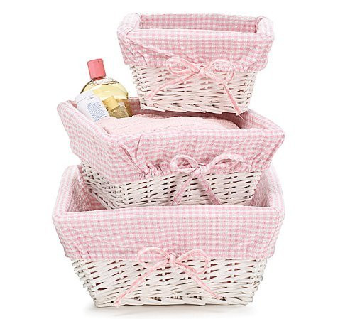 Set of 3 Baby Girl Nursery Storage Baskets - White Willow with Pink Cotton Gingham Fabric | Amazon (US)