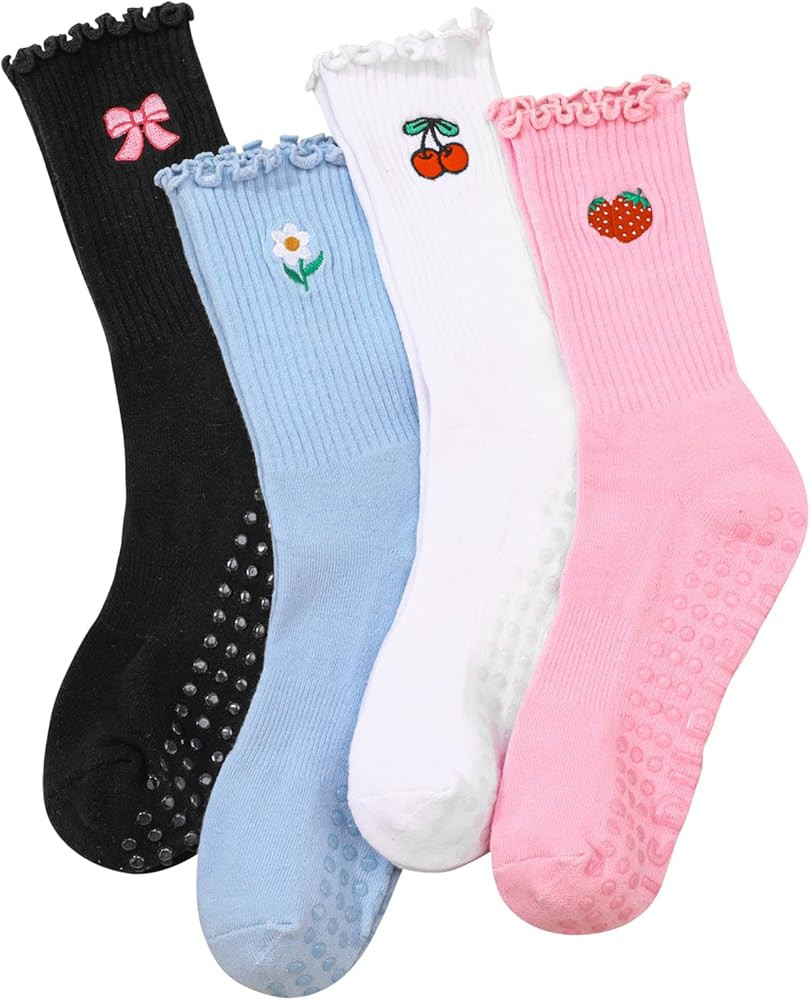 Jspupifip 4 Pairs Women Non-Slip Yoga Socks Cute Ruffle Grippy Socks for Pilates Barre Ballet Fit... | Amazon (US)