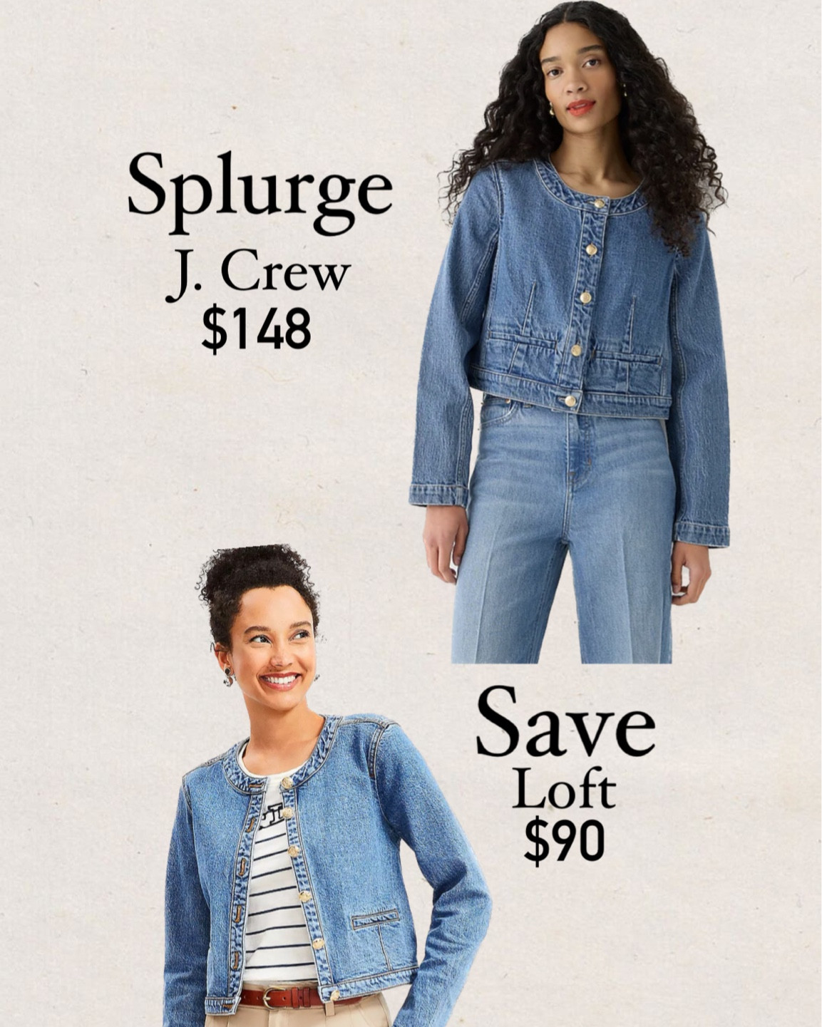 Collarless denim jacket
Splurge vs save
J crew collarless denim jacket
Loft collarless denim jacket
Under $100
On sale

#LTKsalealert #LTKstyletip #LTKunder100