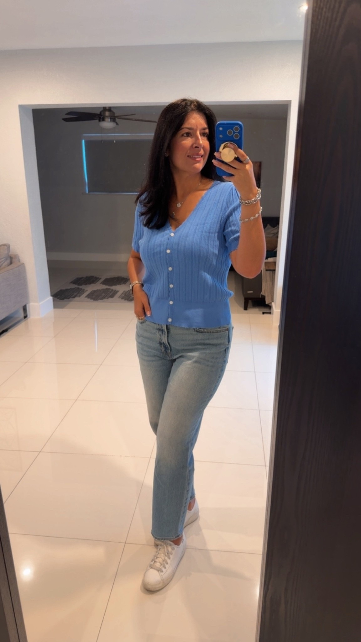 This new short sleeve pointelle cardigan in the prettiest shade of blue 💙