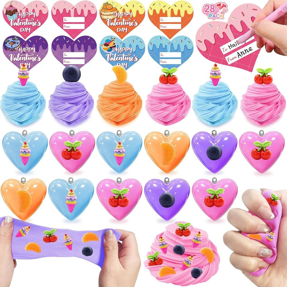 28 Pack Valentines Butter Slime Filled Heart with Fruit Charms Valentines Day Cards Gifts for Kid... | Amazon (US)