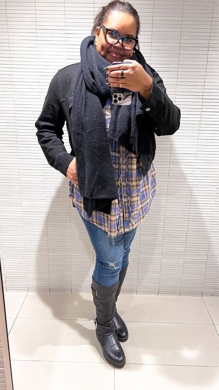 Winter Outfit. Midsize Casual OOTD - Jeans - Absolution, Plaid shirt - Free People, Denim Jacket - Universal Standard #ltkover40 #ltksalealert #LTKfindsunder100 

#LTKstyletip #LTKSeasonal #LTKmidsize