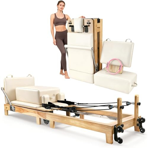 Drexo Pilates Reformer Machine, 95’’ Foldable Oak Wood Pilates Reformer, Quick-Assembly Studio-Grade Pilates Equipment with Reformer Heights, Reformer Accessories for Gym, Home, Ultral (White) | Amazon (US)