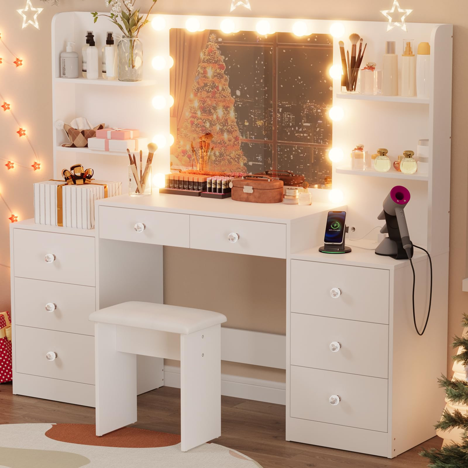 VOWNER Large Vanity Desk with Lighted Mirror &Power Outlet & Soft Stool, Makeup Vanity with 8 Dra... | Amazon (US)