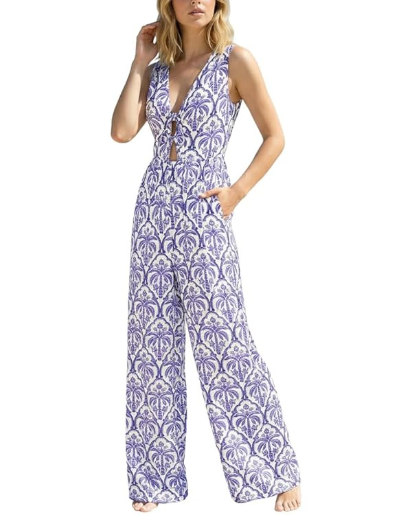 CUPSHE Jumpsuits for Women, Summer V Neck Sleeveless Tropical Leaves Print Wide Leg Outfit Casual... | Amazon (US)