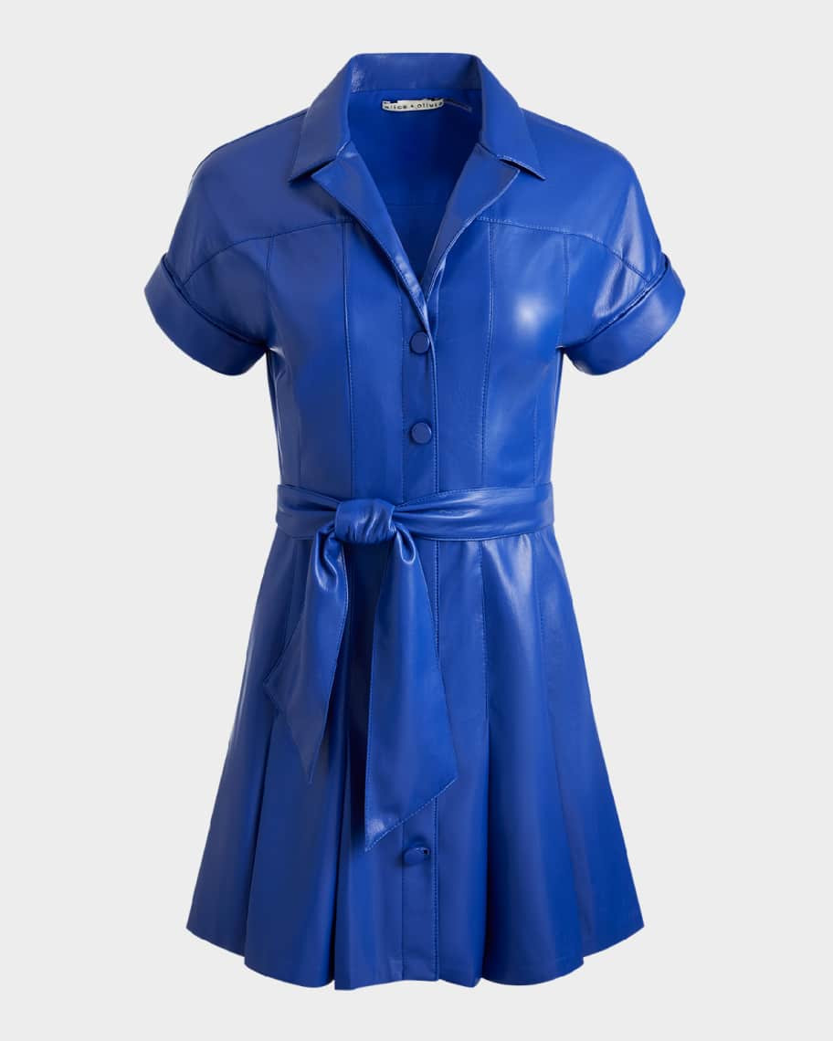 Alice + Olivia Shirley Short-Sleeve Vegan Leather Pleated Mini Shirtdress | Neiman Marcus