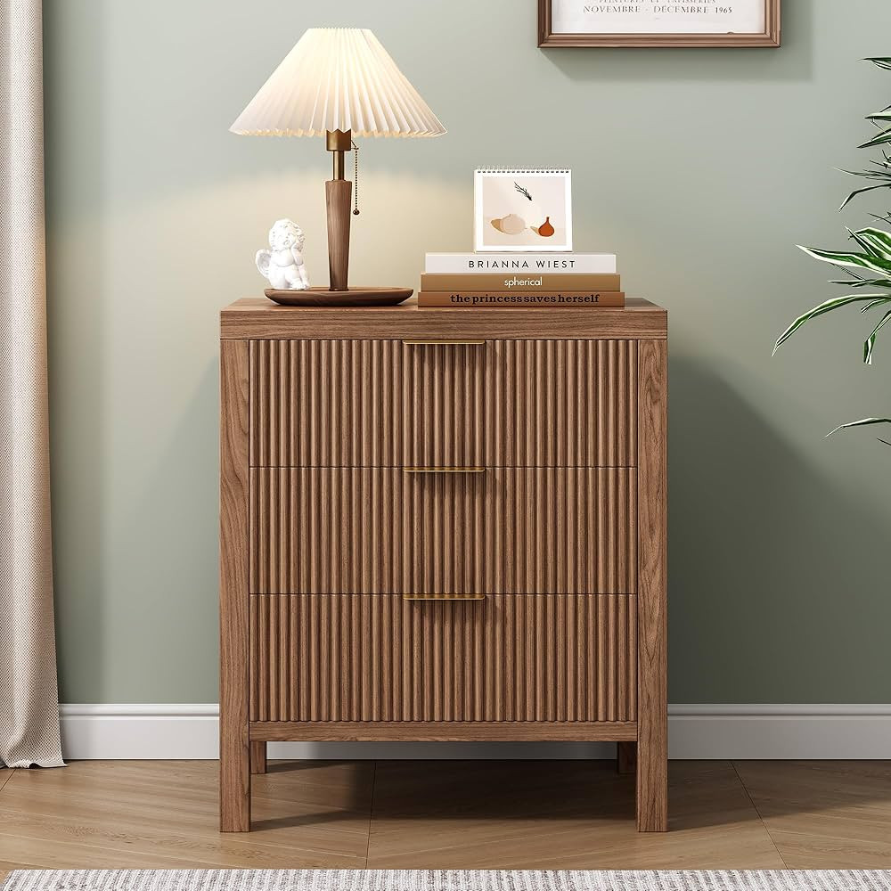 End Table with Storage, Wooden Farmhouse Nightstands with 3 Drawers, Bedside Table - Boho Tall Si... | Amazon (US)