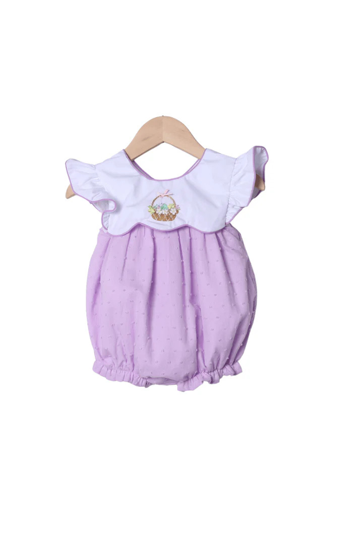 Embroidered Easter Basket Lavender Swiss Dot Bubble | The Smocked Flamingo