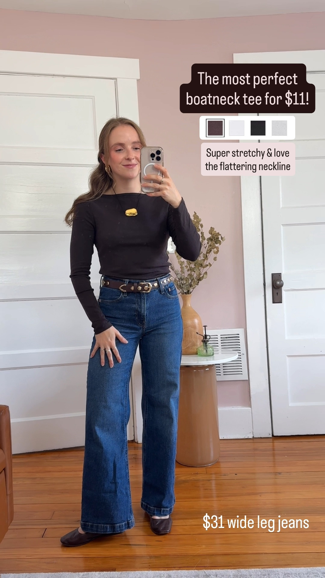 $11 stretchy boatneck tee in chocolate brown wearing small petite 
25 petite $31 wide leg jeans 
Use code TREAT 



#LTKPetite #LTKFindsUnder50 #LTKSaleAlert