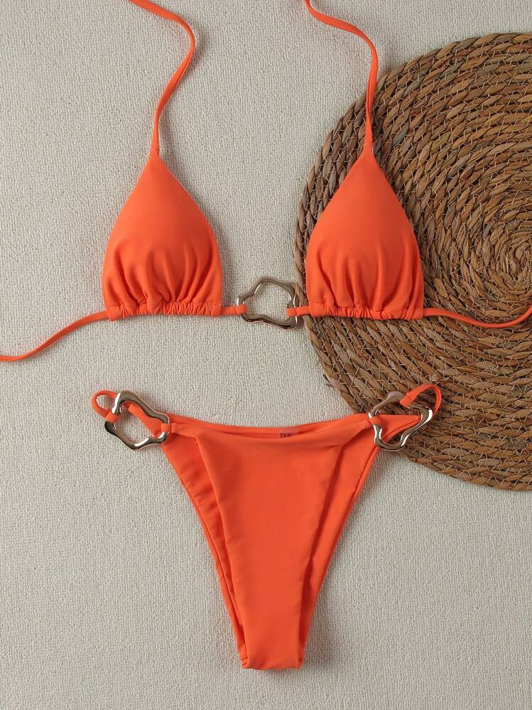Women's Solid Color High Waist Halter Lace-Up Bikini Set, Sexy & European Style For Holiday Summe... | SHEIN