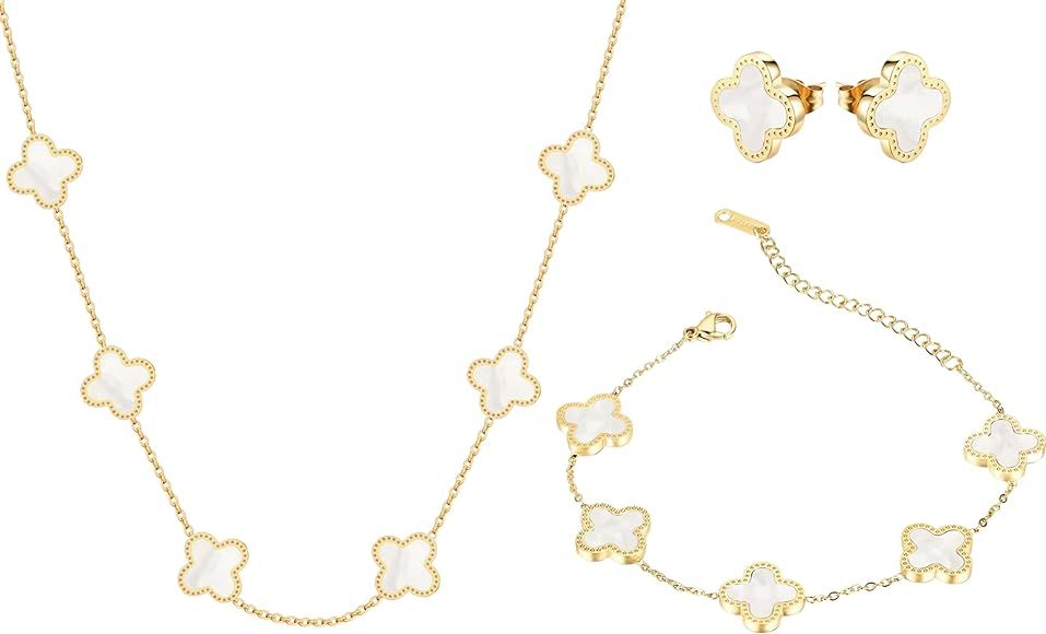 PRIMATORIA Four Leaf Clover Jewelry Set for Women 18K Gold Plated Bracelet Necklace Earrings 4 Le... | Amazon (US)