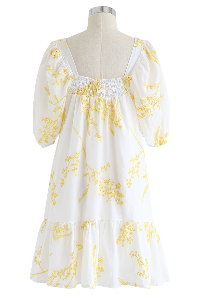 Wildflowers Embroidered Puff Sleeves Dolly Dress in White | Chicwish