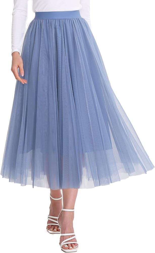 Women’s Tulle Skirts Midi Elastic High Waist Pleated Mesh Flowy A-Line Party Long Tutu Skirts... | Amazon (US)