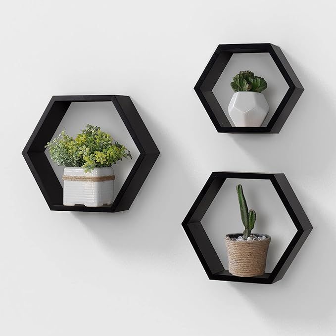 AHDECOR Wall Mounted Hexagon Floating Shelves, Wooden Wall Organizer Hanging Shelf for Home Decor... | Amazon (US)