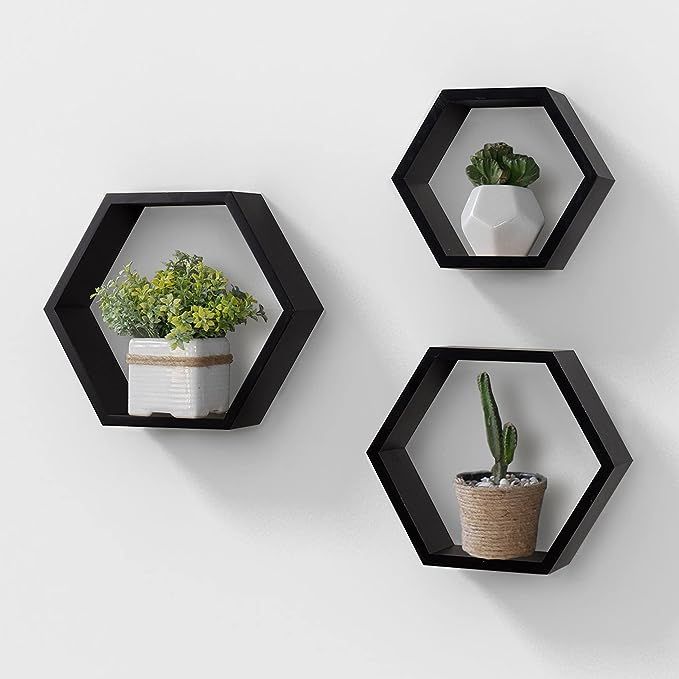 AHDECOR Wall Mounted Hexagon Floating Shelves, Wooden Wall Organizer Hanging Shelf for Home Decor... | Amazon (US)
