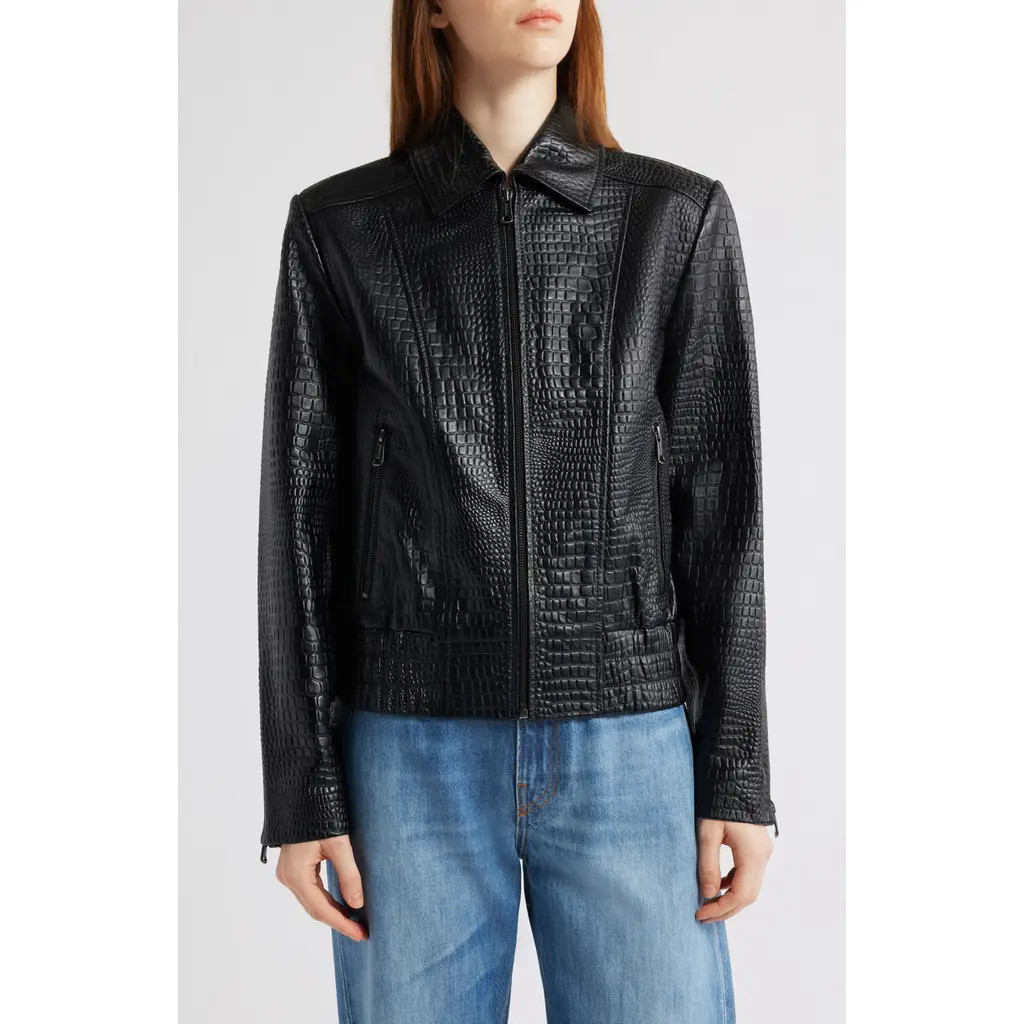 Bernardo Short Croc-Embossed Leather Jacket in Black at Nordstrom, Size Small | Nordstrom