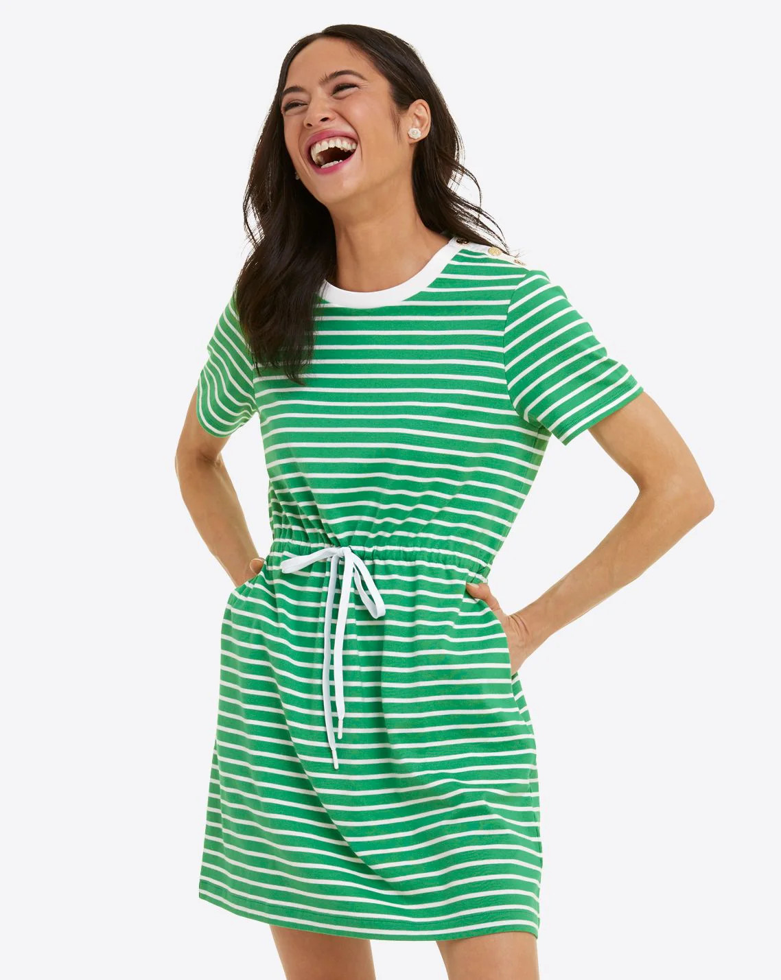 Tie Waist T-Shirt Dress in Green Nautical Stripe | Draper James (US)