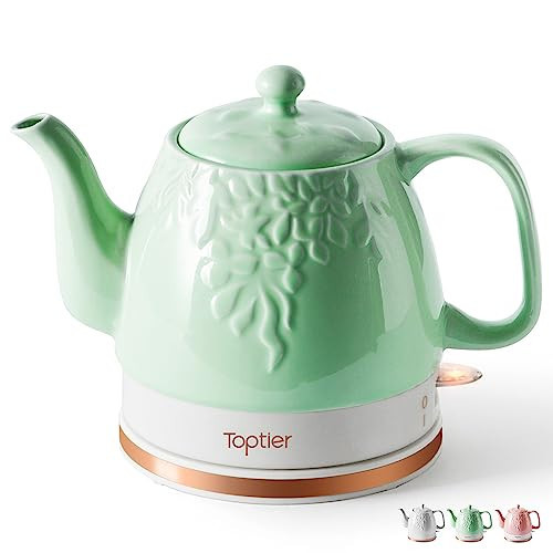 Toptier Electric Ceramic Tea Kettle, Boil Water Quickly and Easily, Detachable Swivel Base & Boil Dry Protection, Carefree Auto Shut Off, 1 L, Green Leaf | Amazon (US)