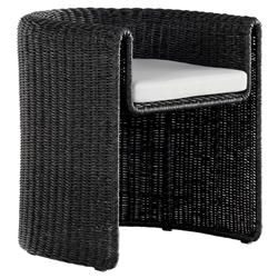 Aurora Coastal Black Woven Wicker White Cushion Outdoor Dining Chair | Kathy Kuo Home