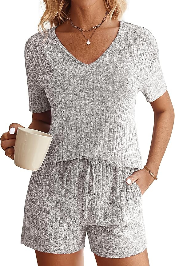Ekouaer Womens Ribbed Knit Lounge Set Short Sleeve Top and Shorts Sleepwear Pajama Set Two Piece ... | Amazon (US)