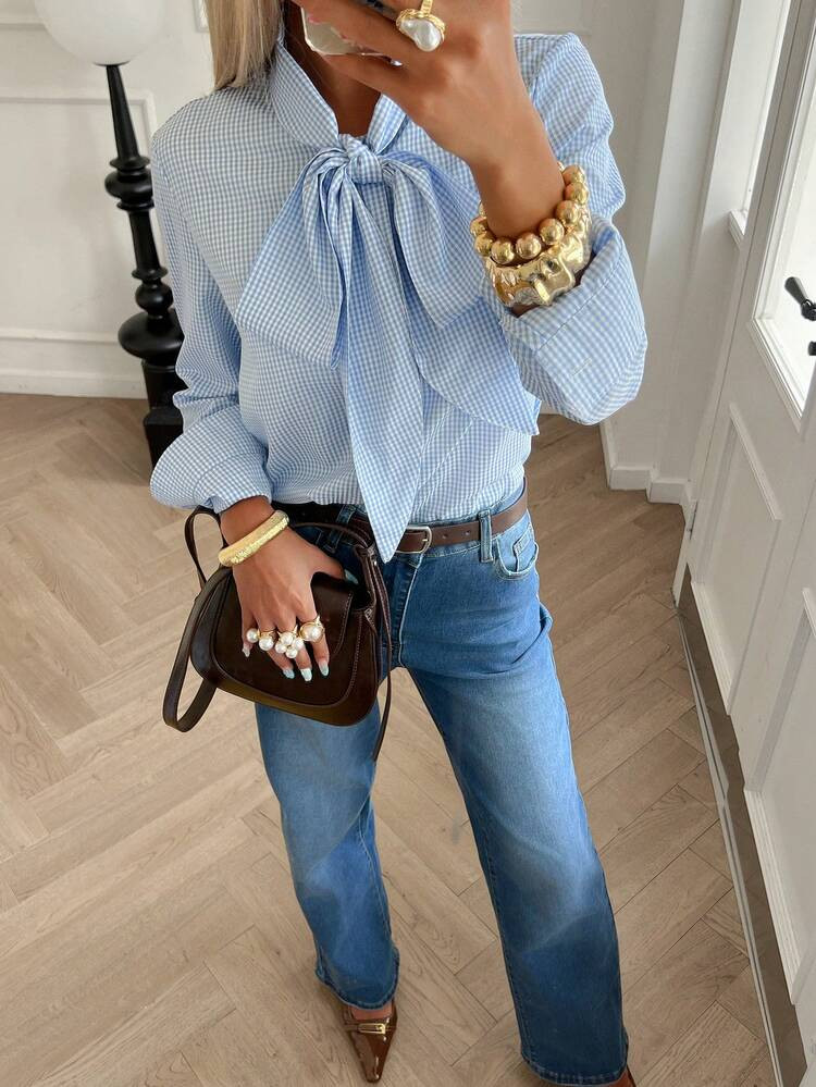 Fall Women Clothes 2025 New, Old Money Style Blue White Gingham Bow Tie Neckline Shirt, Long Sleeve Button Up Blouse – Business Casual Work/Daily/Commute Essential For Teachers, Versatile Fall Outfits, Checkered Design With Bow Detail, Perfect For Night Out & Office Looks,Saudi National Day & Christmas & Halloween Outfit | SHEIN