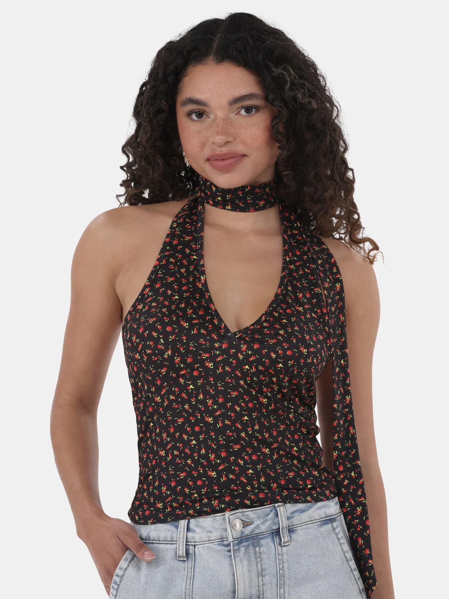 No Boundaries Rose Print Halter Scarf Top, Women's | Walmart (US)