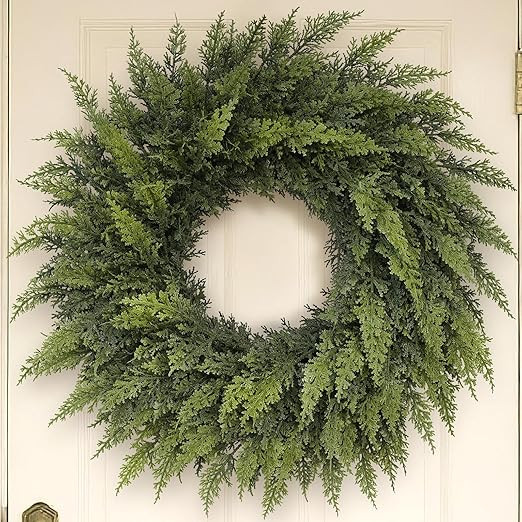 24" Real Touch Christmas Cedar Wreath - Artificial Cedar Wreaths Faux Green Fake Pine Needles Wre... | Amazon (US)