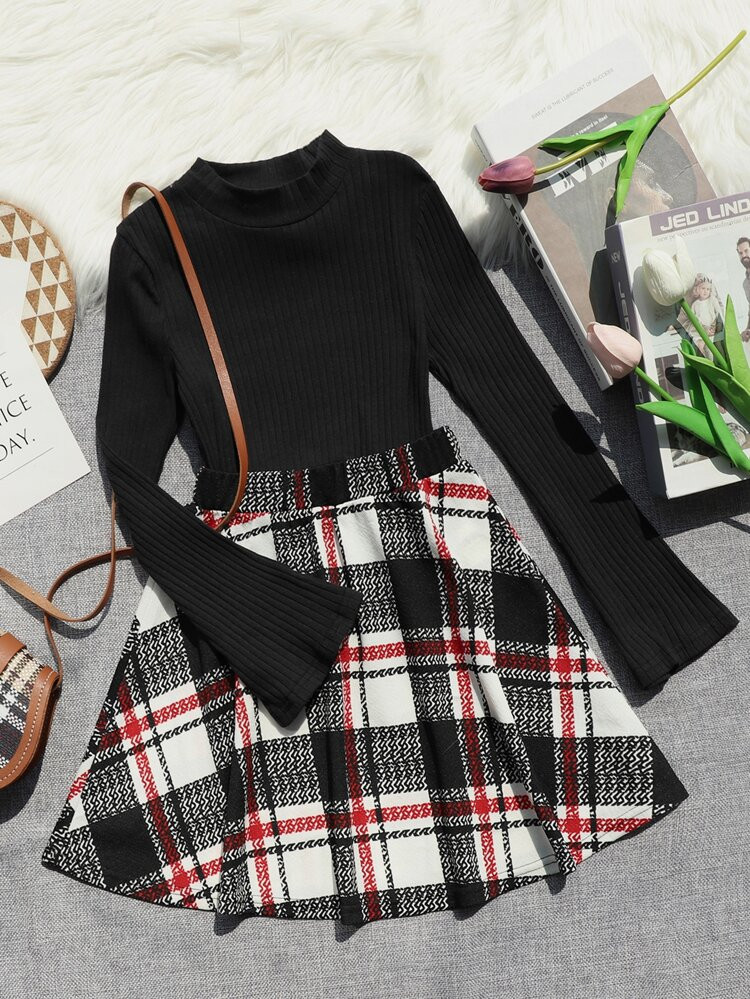 SHEIN Girls Mock Neck Tee & Plaid Skirt | SHEIN