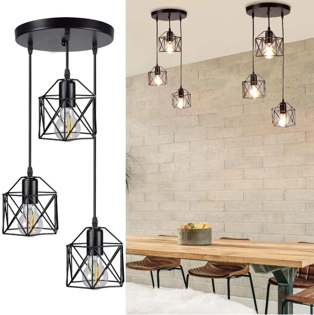 Garwarm Industrial 3-Light Pendant Light, Adjustable Flush Mount Ceiling Lighting for Kitchen Isl... | Walmart (US)