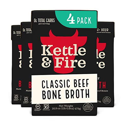 Beef Bone Broth Soup by Kettle and Fire, Pack of 4, Keto Diet, Paleo Friendly, Whole 30 Approved, Gluten Free, with Collagen, 10g of protein, 16.9 fl oz (Packaging May Vary) | Amazon (US)